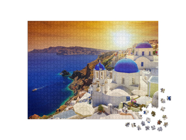 Puzzel 1000 stukjes „Zonsondergang boven Oia op Santorini, Griekenland“