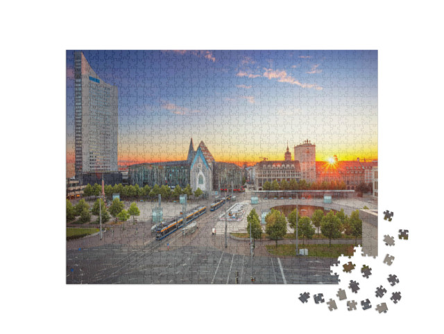 Puzzel 1000 stukjes „Stadsgezicht van Leipzig: stadscentrum bij zonsondergang“