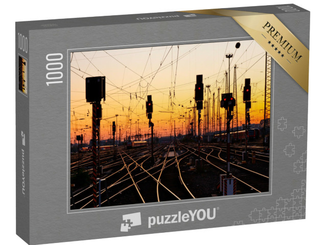 Puzzel 1000 stukjes „Spoorrails in een groot treinstation bij zonsondergang“