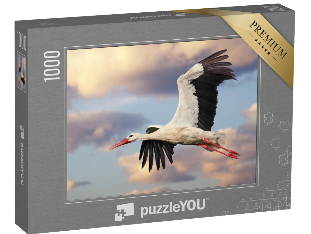 Puzzel 1000 stukjes „Een witte ooievaar tijdens de vlucht met een bewolkte lucht“