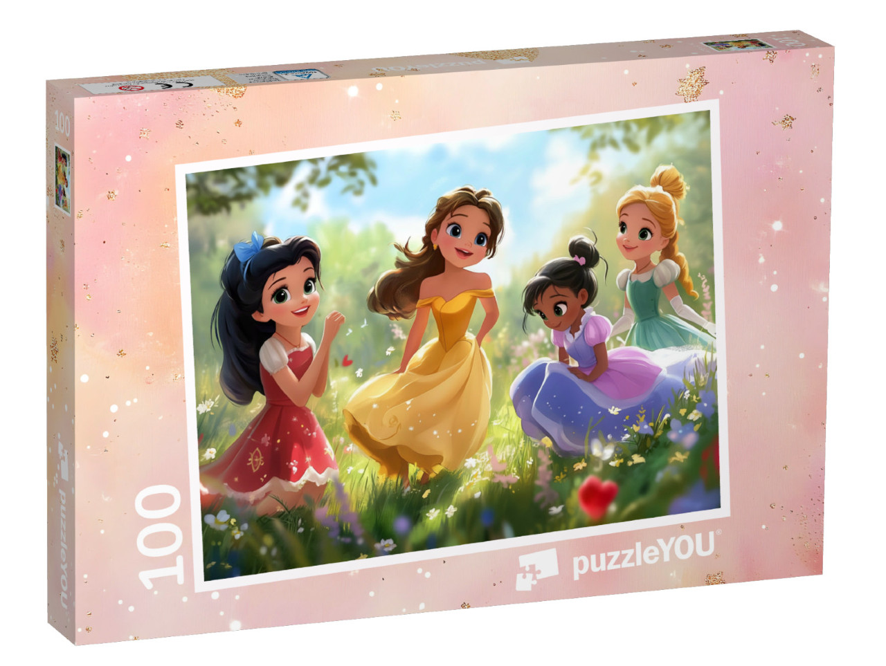 Puzzel 100 stukjes „Prinsessen in kleurrijke baljurken in de bloementuin“