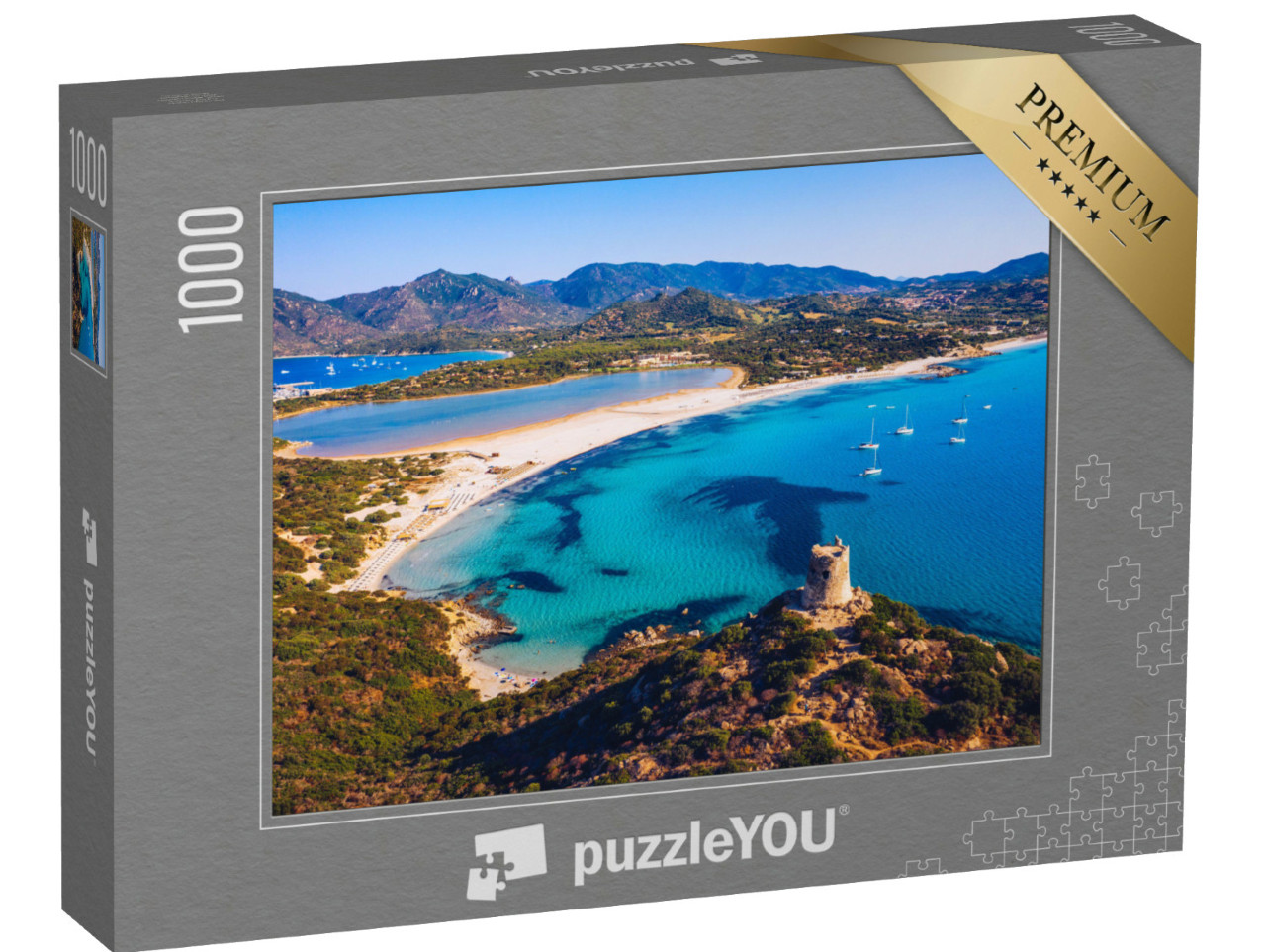 Puzzel 1000 stukjes „Torre di Porto Giunco toren en Simius strand, Sardinië, Italië“