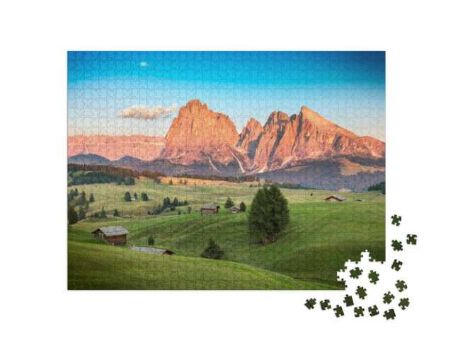 Puzzel 1000 stukjes „Alpe di Siusi met Sassolungo-groep in de avondzon, Zuid-Tirol“