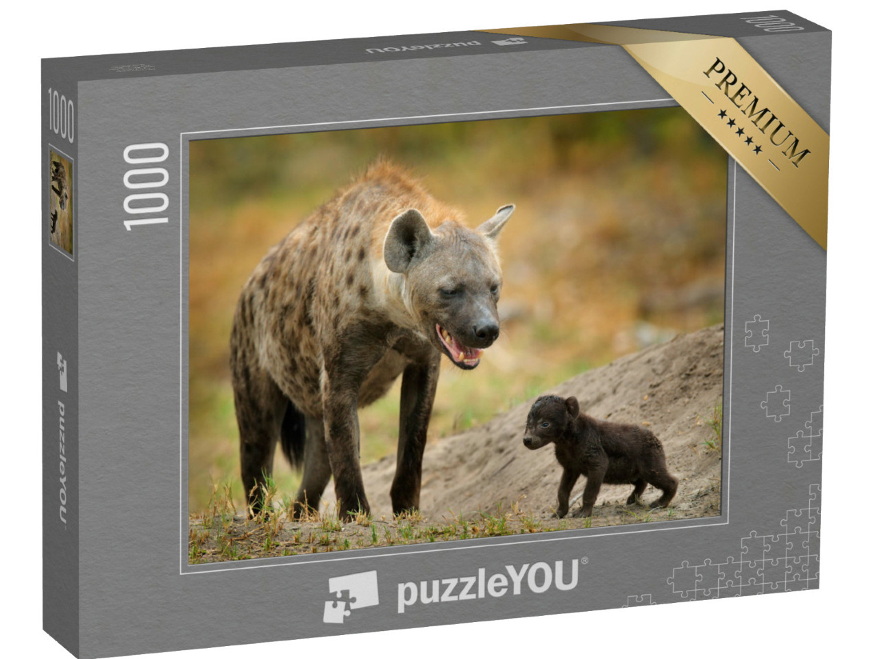 Puzzel 1000 stukjes „Pasgeboren hyena welp met zijn moeder, Okavango, Botswana“