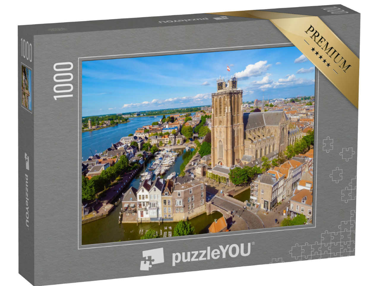 Puzzel 1000 stukjes „De skyline van Dordrecht met kerk en grachtenpanden in de Nederlandse Oude Maas“
