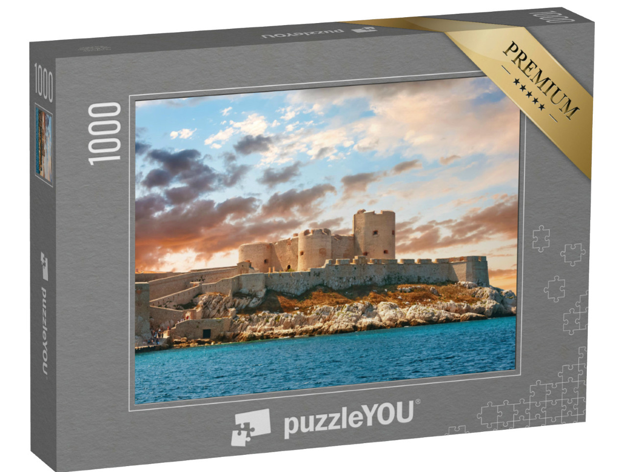 Puzzel 1000 stukjes „Kleurrijke zonsondergang boven het kasteel van Marseille“