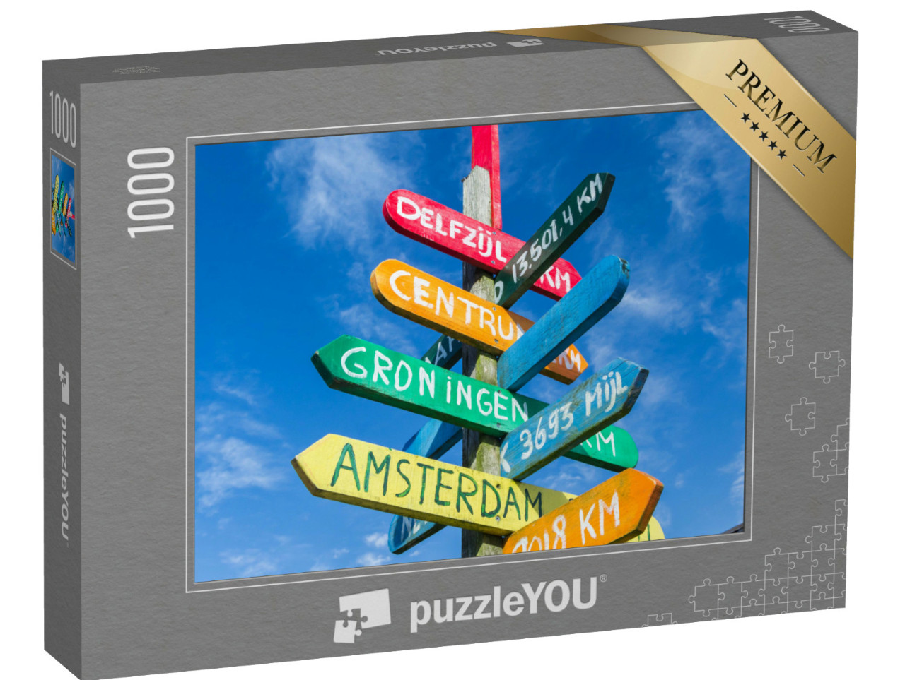 Puzzel 1000 stukjes „Kleurrijke wegwijzer naar verschillende steden in Appingedam, Nederland“