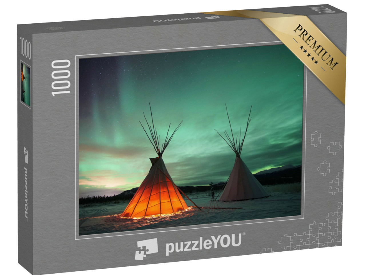Puzzel 1000 stukjes „Indiaanse tipies onder het noorderlicht in Whitehorse, Yukon (Canada)“