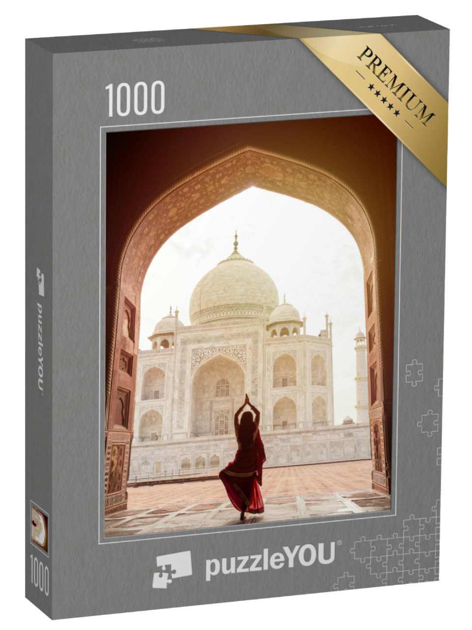 Puzzel 1000 stukjes „Indiase vrouw in rode sari bij de Taj Mahal, India“