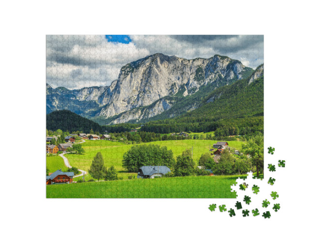 Puzzel 1000 stukjes „Voorjaarslandschap met velden, weiden en bergen, Altaussee, Oostenrijk“