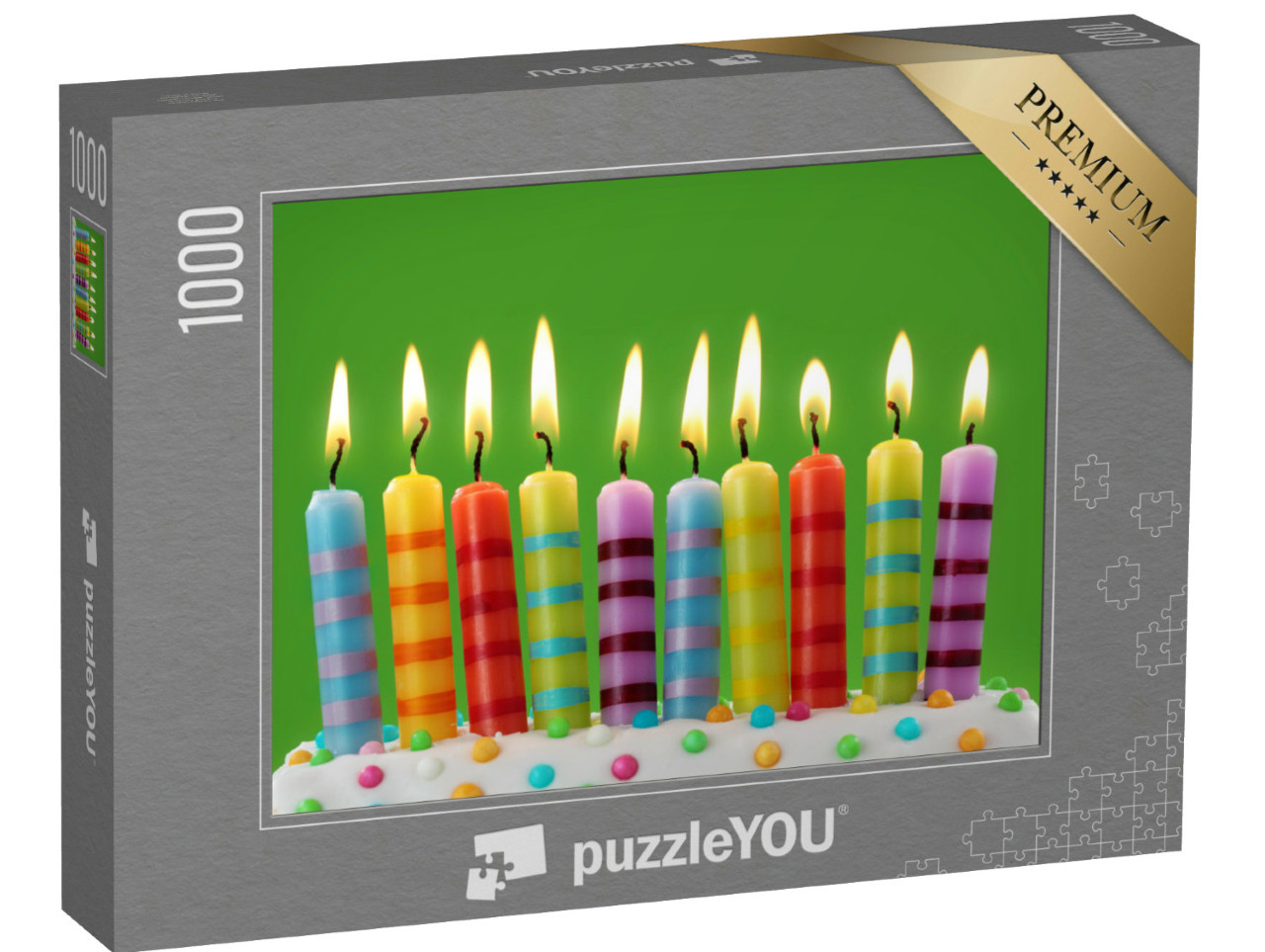 Puzzel 1000 stukjes „Tien kleurrijke kaarsen op een groene achtergrond“