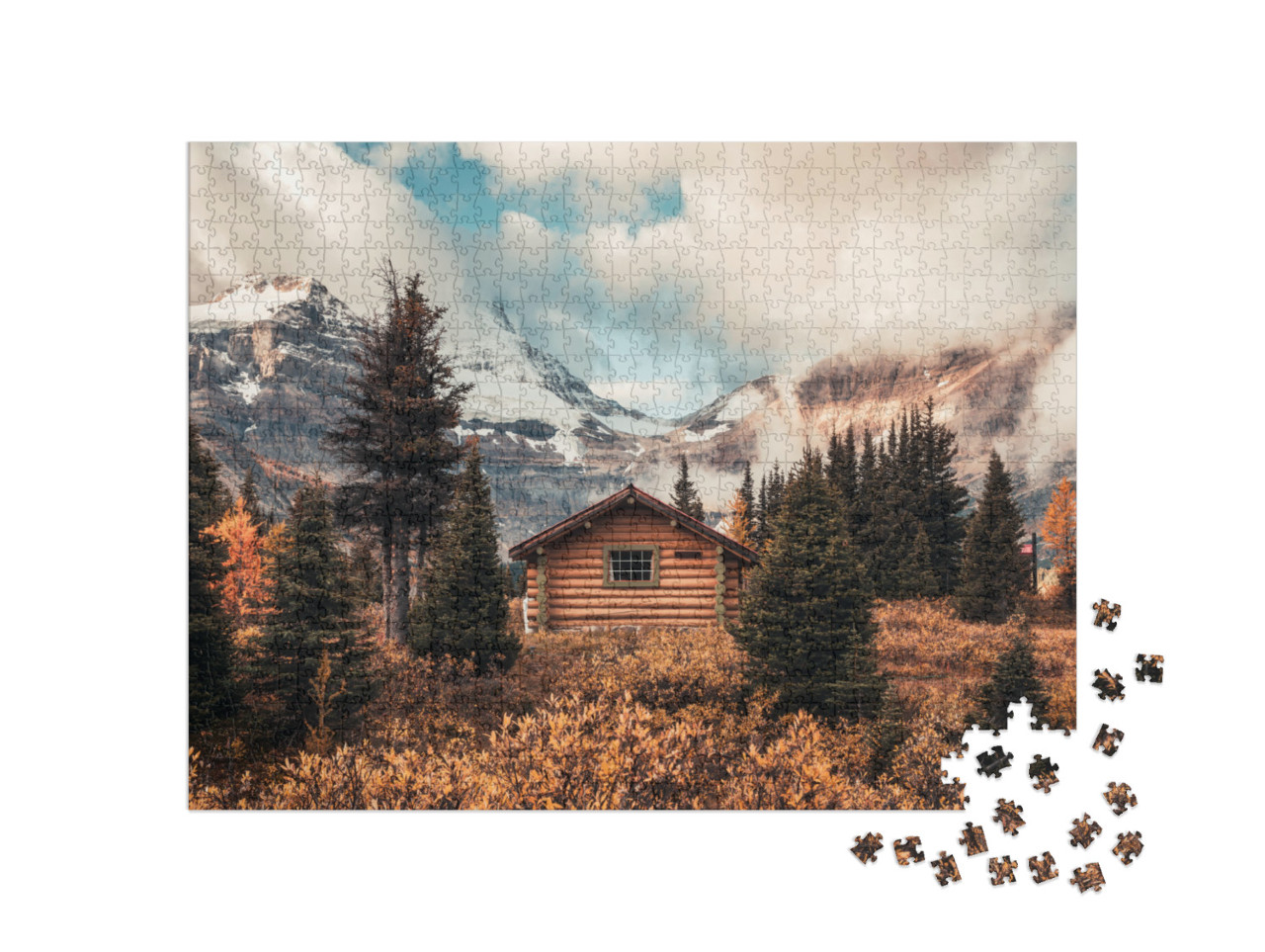 Puzzel 1000 stukjes „Houten hut op Assiniboine Mountain in het herfstbos, Canada“