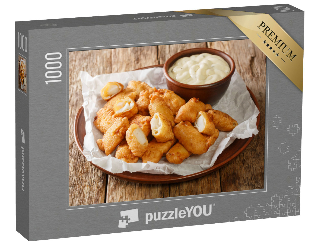 Puzzel 1000 stukjes „Vis voorgerecht bestaande uit gefrituurde stukjes kabeljauw, geserveerd met een dipsaus“