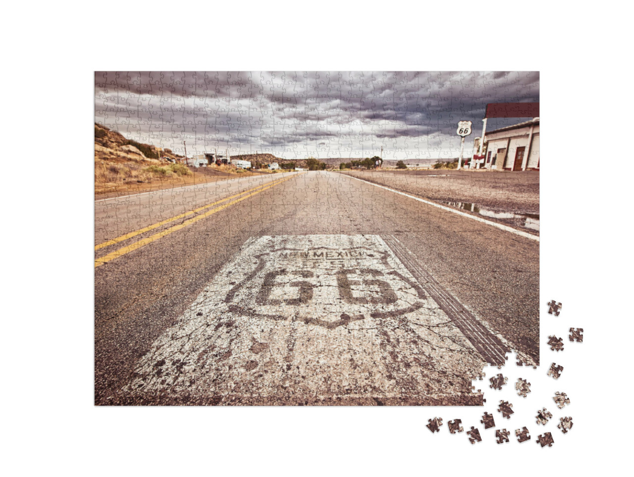 Puzzel 1000 stukjes „Een oud Route 66 bord geschilderd op de weg“