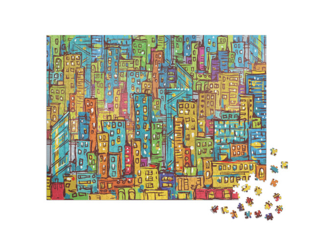 Puzzel 1000 stukjes „Vectorillustratie: Een kleurrijk stadslandschap“