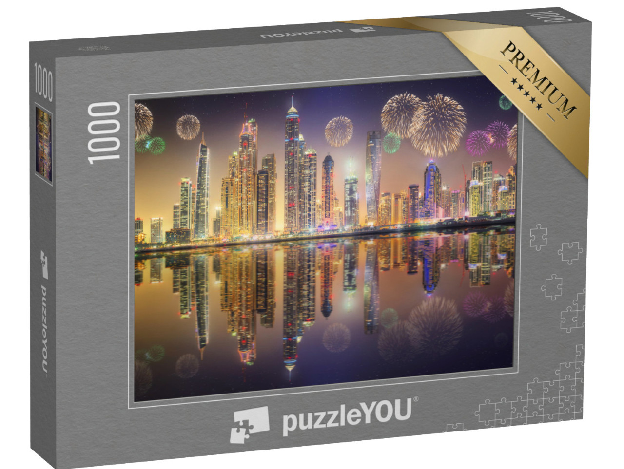 Puzzel 1000 stukjes „Panorama van de wolkenkrabbers in Dubai Marina met vuurwerk“
