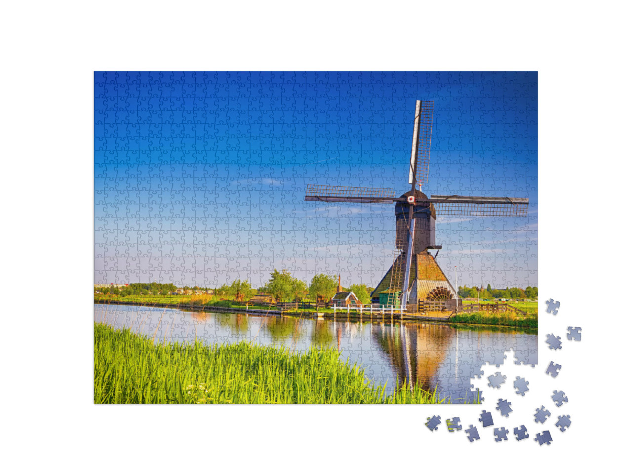 Puzzel 1000 stukjes „Uitzicht op windmolens in het dorp Kinderdijk“
