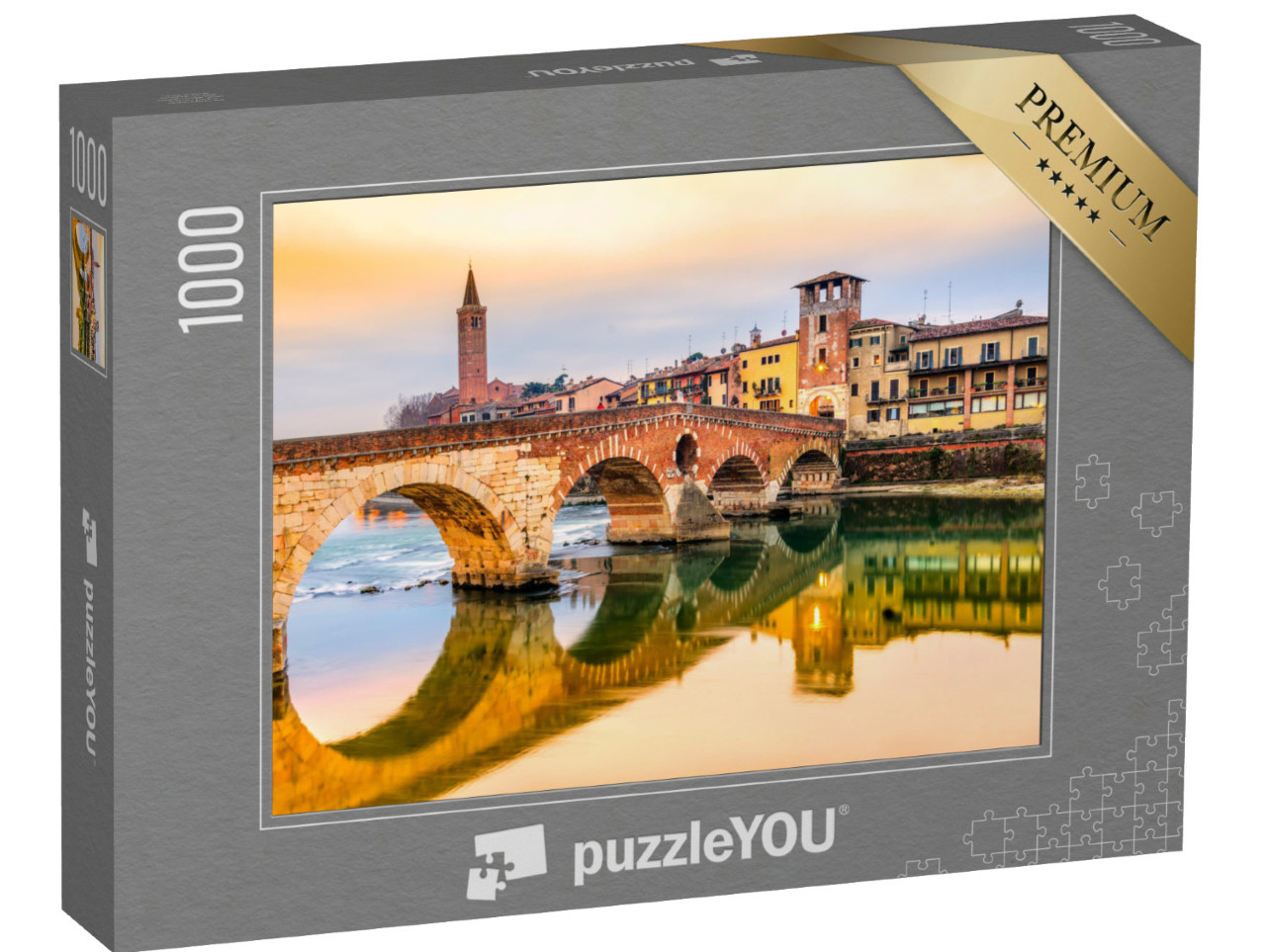 Puzzel 1000 stukjes „Avondsfeer over de Adige en Ponte di Pietra in Verona, Italië“
