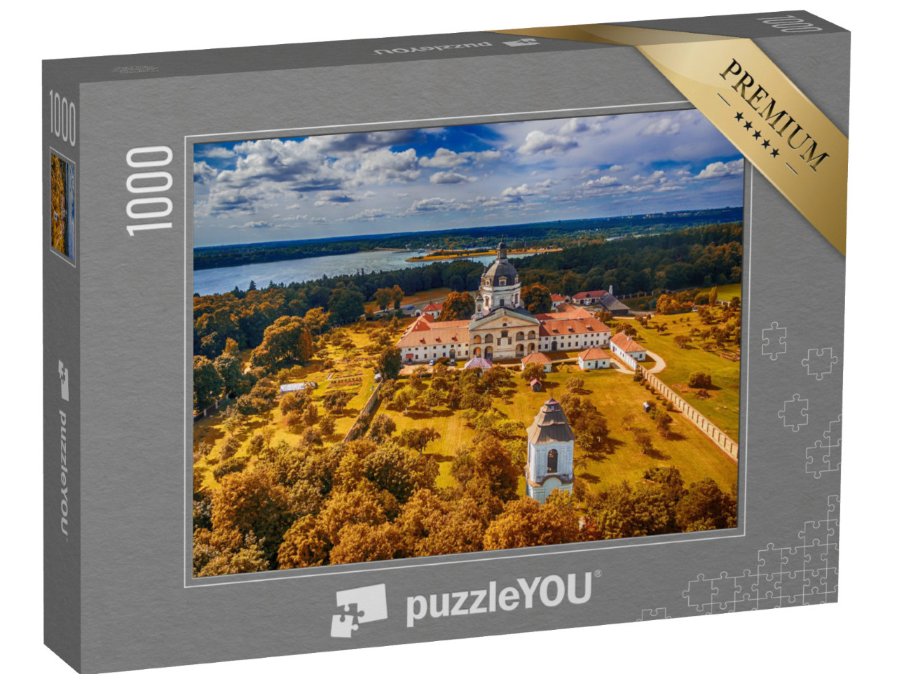 Puzzel 1000 stukjes „Pazaislis Klooster en Kerk op een eiland in het Kaunas Reservoir, Litouwen“