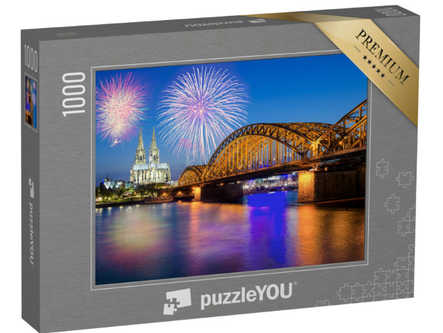 Puzzel 1000 stukjes „Oudejaarsvuurwerk bij de Dom van Keulen met Hohenzollernbrücke“