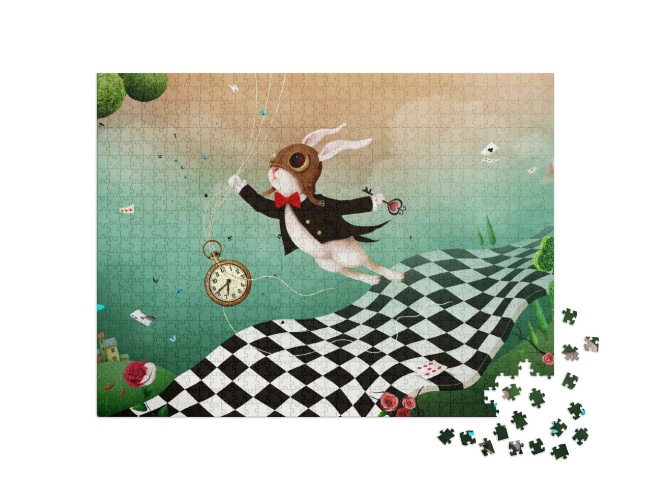 Puzzel 1000 stukjes „Magische fantasie: Wonderland met konijnen en schaakstraat“