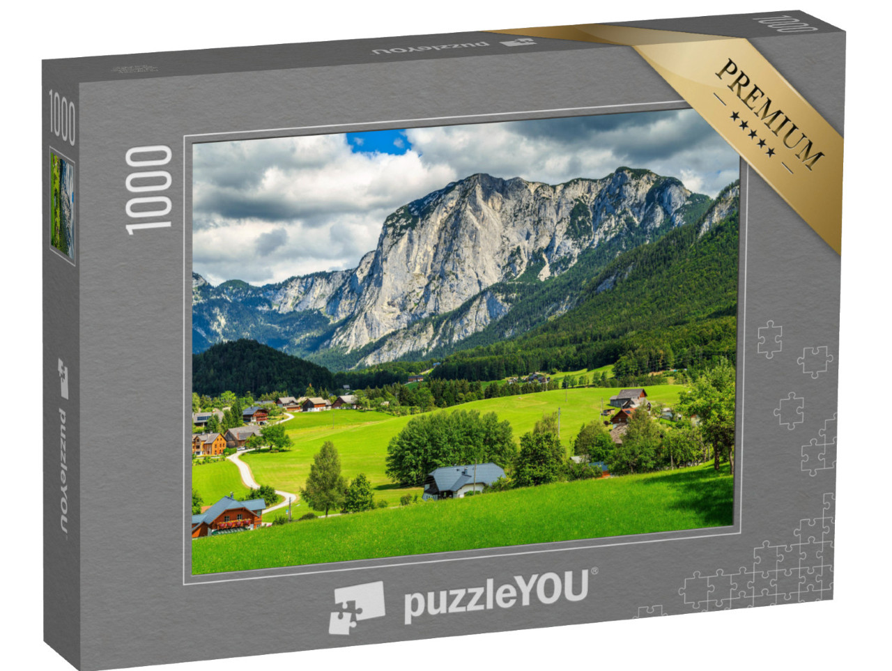 Puzzel 1000 stukjes „Voorjaarslandschap met velden, weiden en bergen, Altaussee, Oostenrijk“