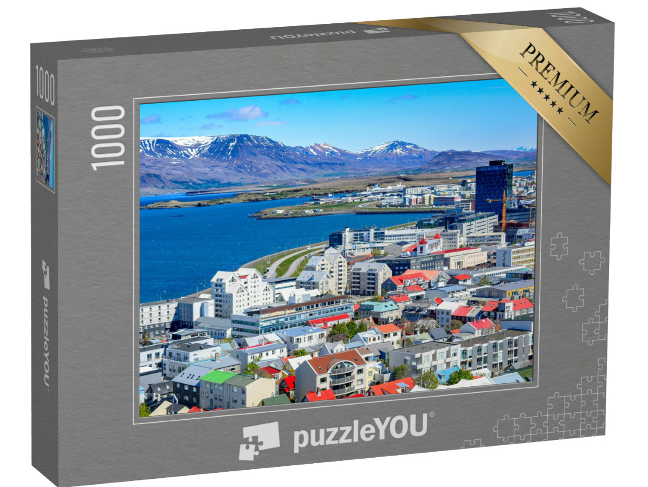 Puzzel 1000 stukjes „Reykjavik, de hoofdstad van IJsland, met uitzicht op de haven en de berg Esja“