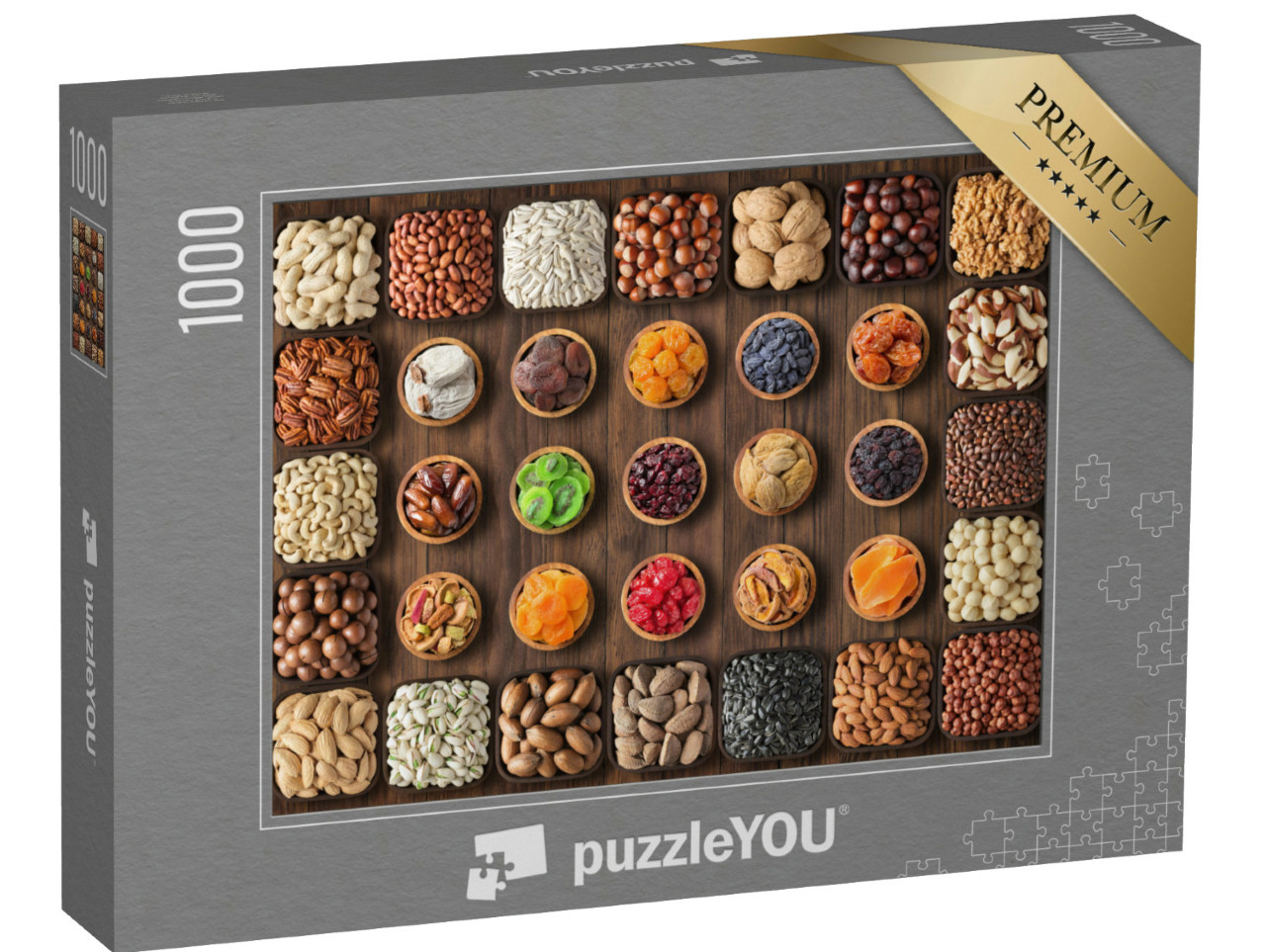 Puzzel 1000 stukjes „Kleurrijke noten en gedroogd fruit in kleine schaaltjes“