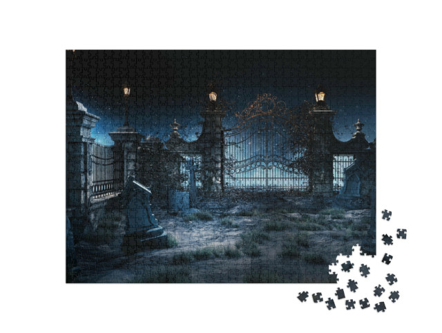 Puzzel 1000 stukjes „Gotische begraafplaats met ijzeren hek en lantaarns“