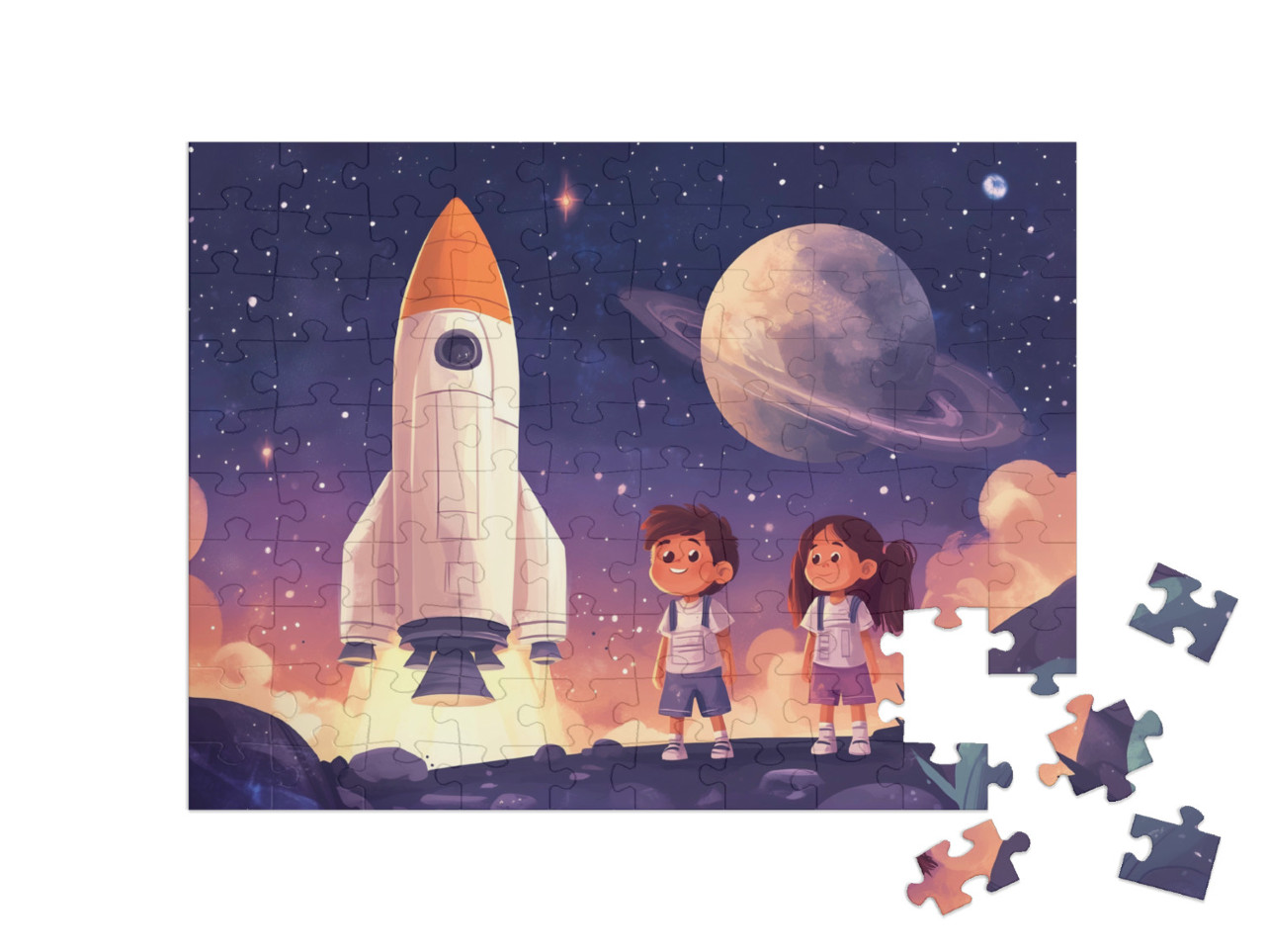 Puzzel 100 stukjes „De astronautenkinderen en het ruimteschip van dromen“