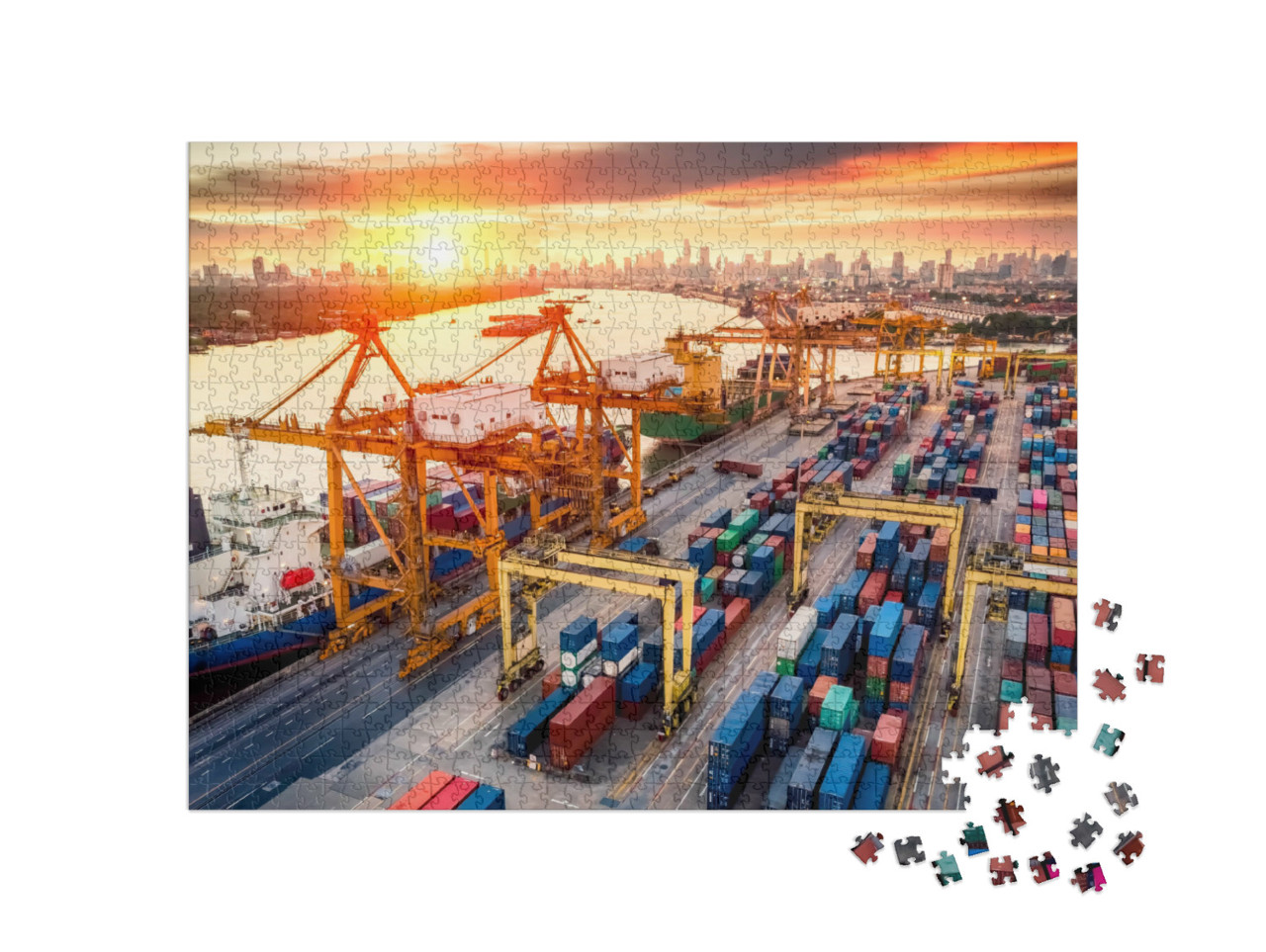 Puzzel 1000 stukjes „Kraanbruggen in de containerhaven bij zonsopgang“