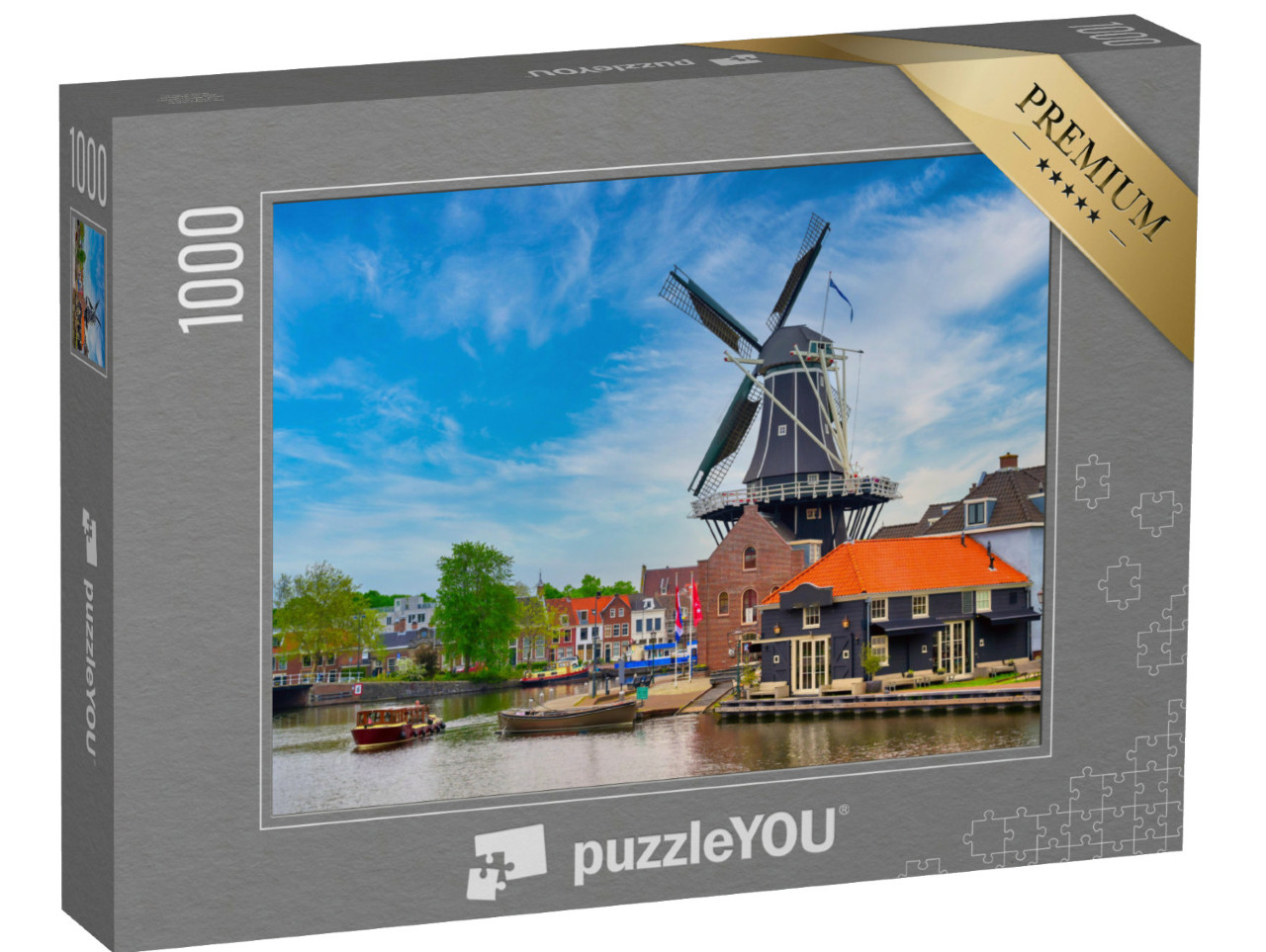 Puzzel 1000 stukjes „Een windmolen langs de grachten in Haarlem, Nederland“
