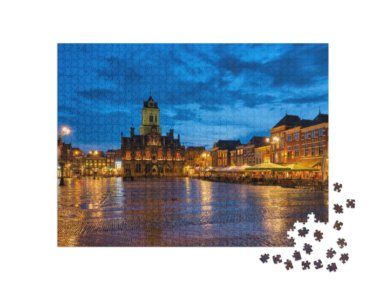 Puzzel 1000 stukjes „Het stadhuis van Delft en de Delftse Markt in de avond“