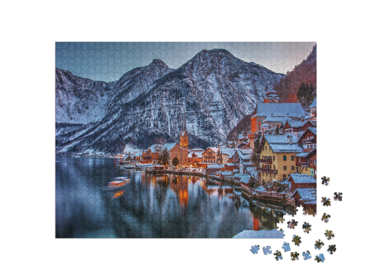 Puzzel 1000 stukjes „Winters tafereel van Hallstadt in Oostenrijk“
