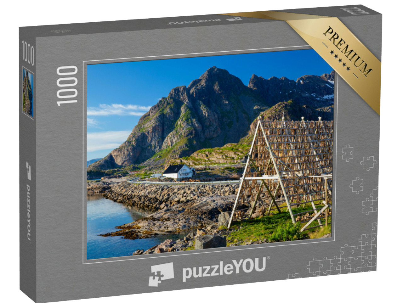 Puzzel 1000 stukjes „Kabeljauw om te drogen: Henningsvaer, Lofoten, Noorwegen“