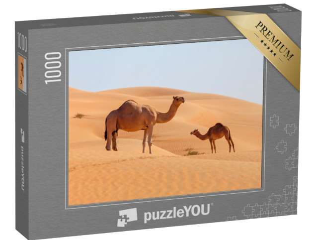 Puzzel 1000 stukjes „Kamelenmoeder met jong in een woestijn in het Midden-Oosten“