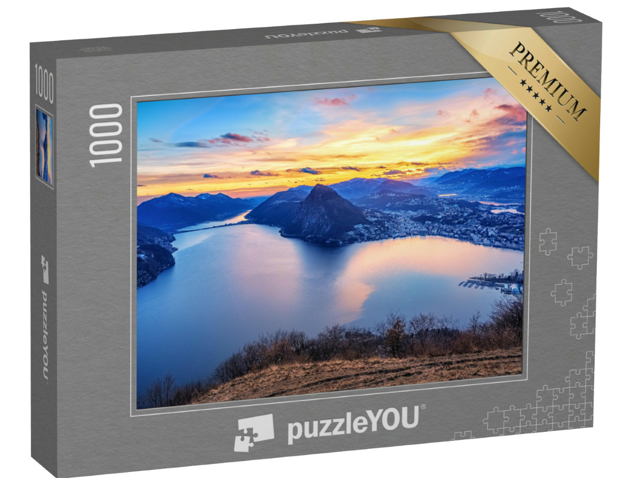 Puzzel 1000 stukjes „Zonsondergang over het Luganomeer in de Zwitserse Alpen“