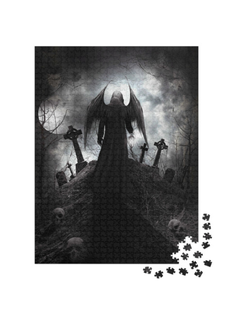 Puzzel 1000 stukjes „Gotische figuur met grafstenen en schedels“