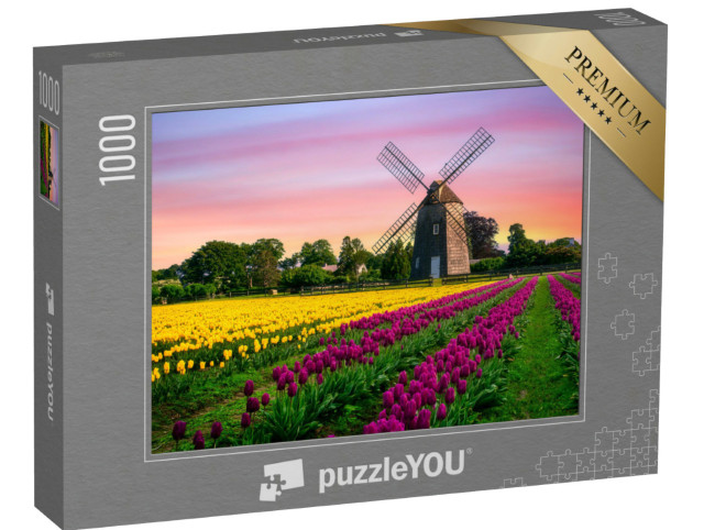 Puzzel 1000 stukjes „Windmolen in een tulpenveld met bloemen“