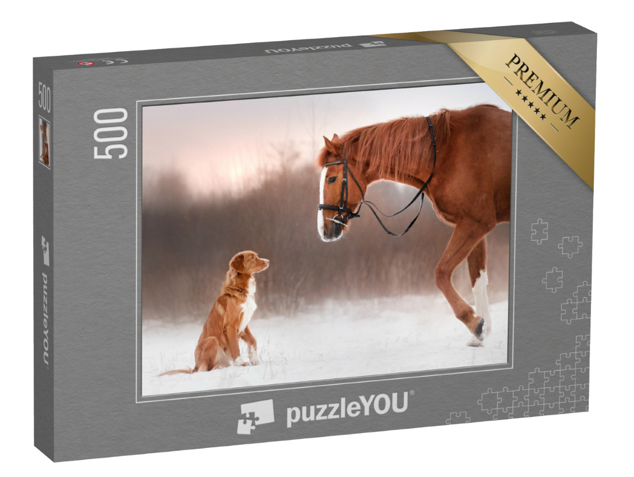 Puzzel 500 stukjes „Vriendschap: Paard en hond tijdens een wandeling door de sneeuw“