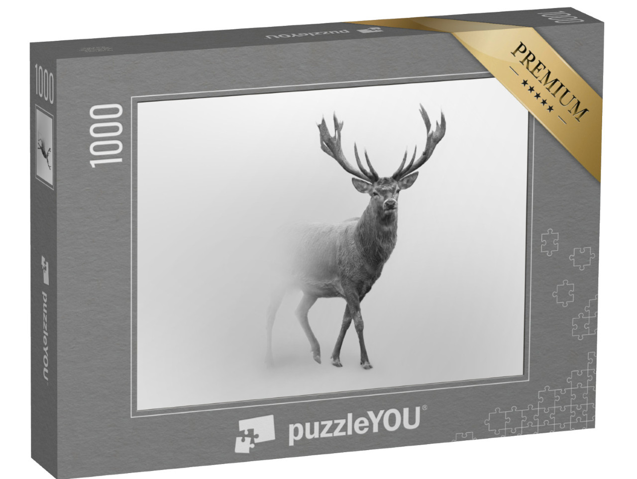 Puzzel 1000 stukjes „Majestueus edelhert in de mist, zwart en wit“