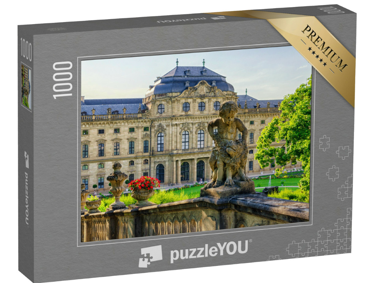 Puzzel 1000 stukjes „Standbeeld en kasteelmuur van de Residentie Würzburg in Duitsland“