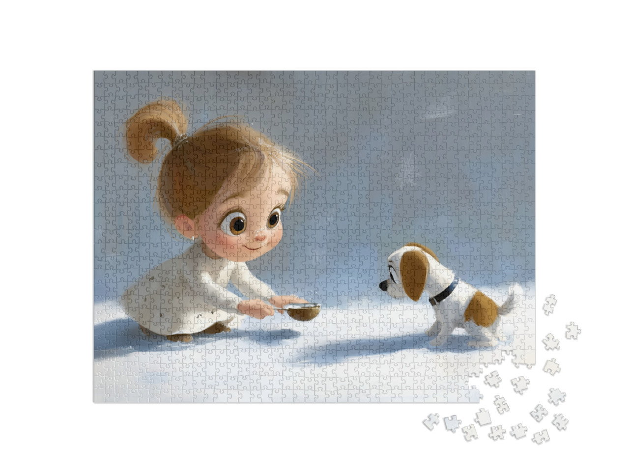 Puzzel 1000 stukjes „Une fillette nourrit un petit chien dans la neige“