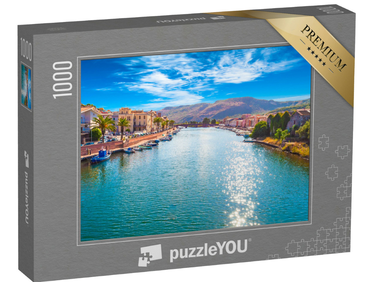 Puzzel 1000 stukjes „Dorp Bosa aan de rivier de Temo, bewolkte dag, Sardinië“