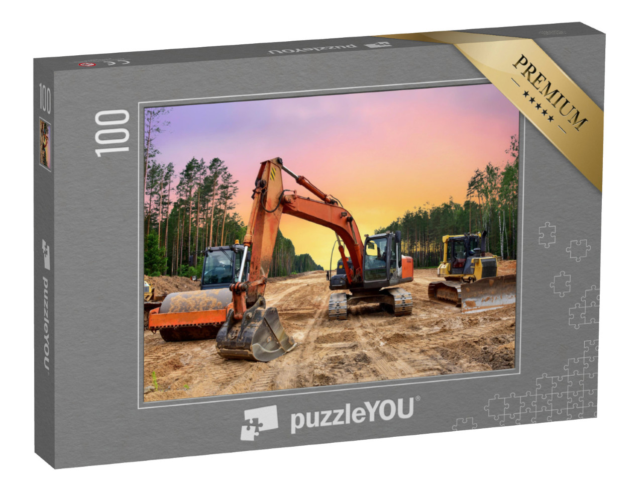 Puzzel 100 stukjes „Bulldozers, graafmachines en bodemverdichters voor de wegenbouw“