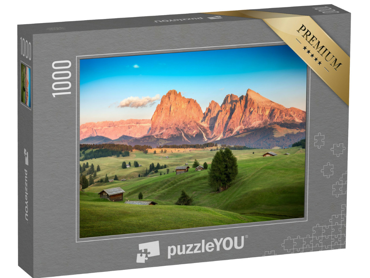 Puzzel 1000 stukjes „Alpe di Siusi met Sassolungo-groep in de avondzon, Zuid-Tirol“