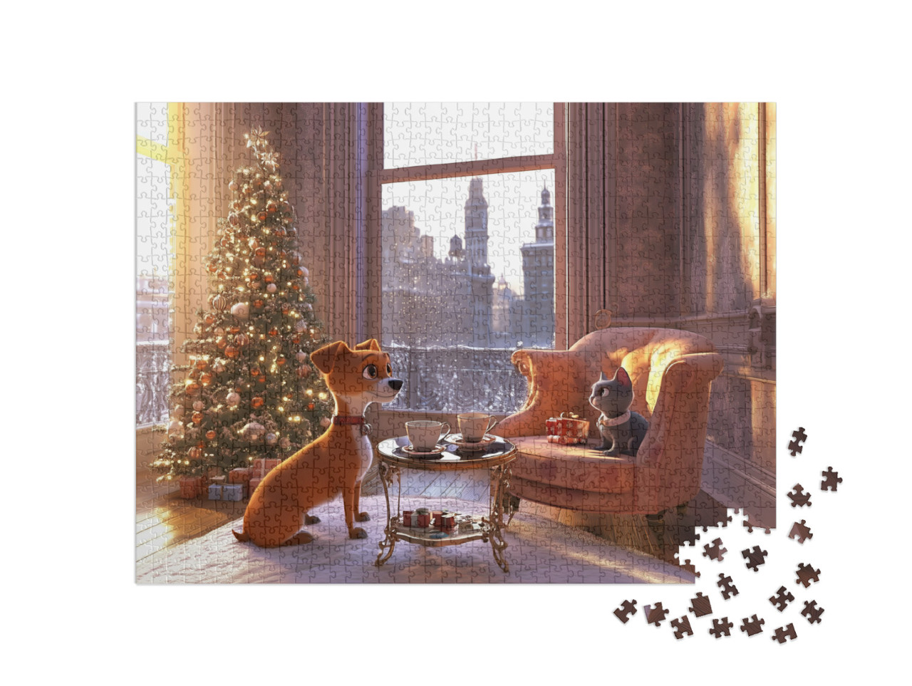 Puzzel 1000 stukjes „New York : chien et chat profitent du matin de Noël“