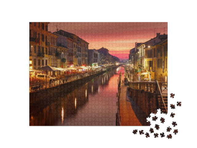 Puzzel 1000 stukjes „Brug over het Naviglio Grande-kanaal, Milaan, Lombardije, Italië“