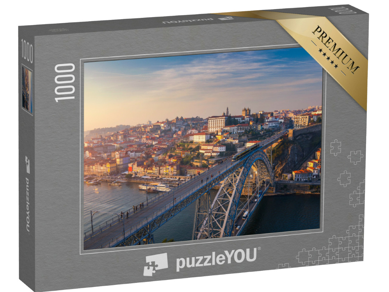 Puzzel 1000 stukjes „Panoramische luchtfoto van Dom Luis Bridge bij zonsondergang, Porto, Portugal“