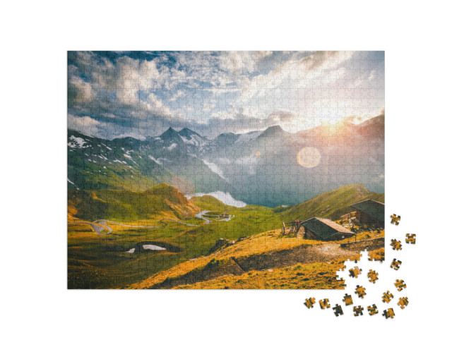 Puzzel 1000 stukjes „Luchtfoto van een bochtige weg op de Grossglockner, Salzburg, Oostenrijk“